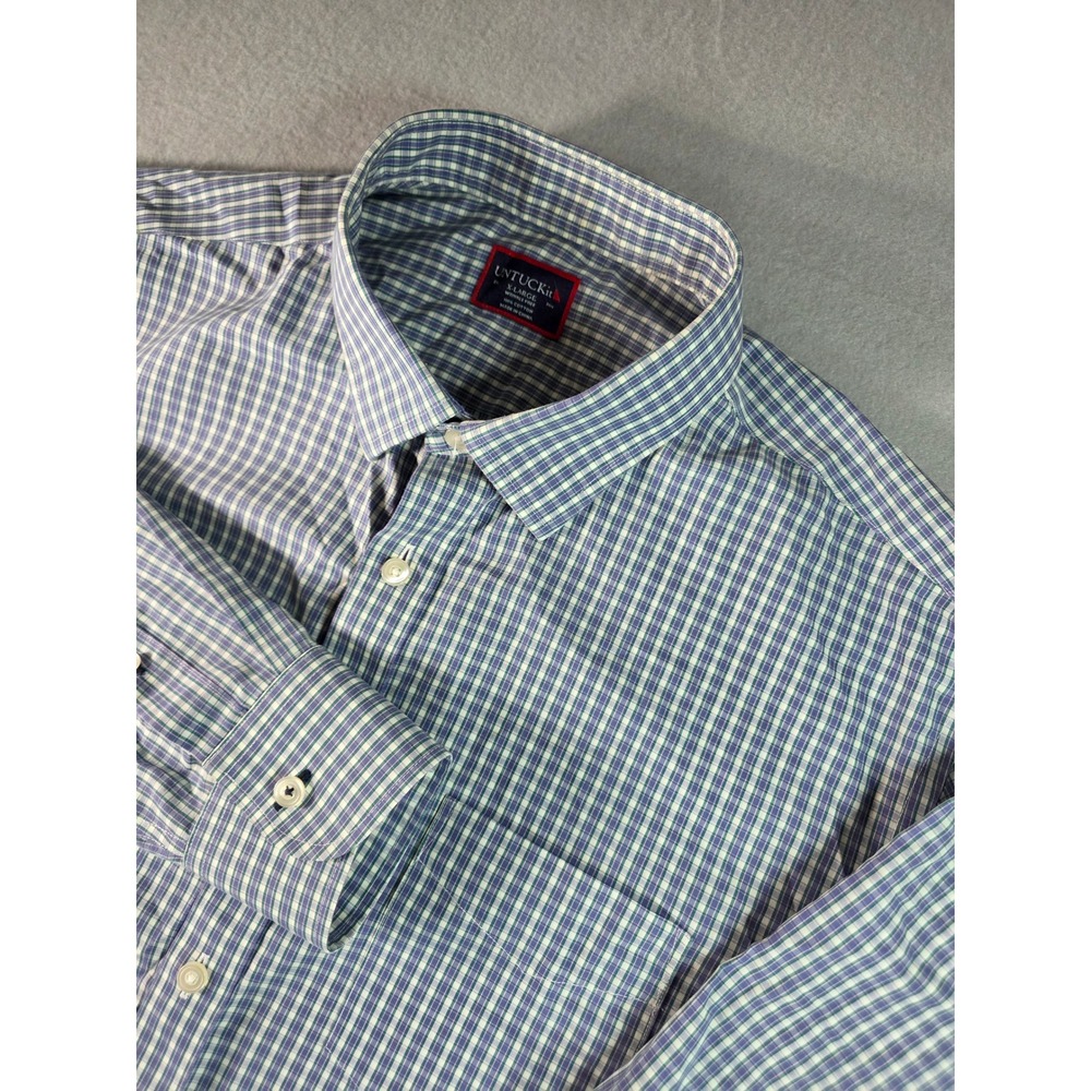 UNTUCKit Mens XL Blue White Check Wrinkle Free Cotton Long Sleeve Button Down